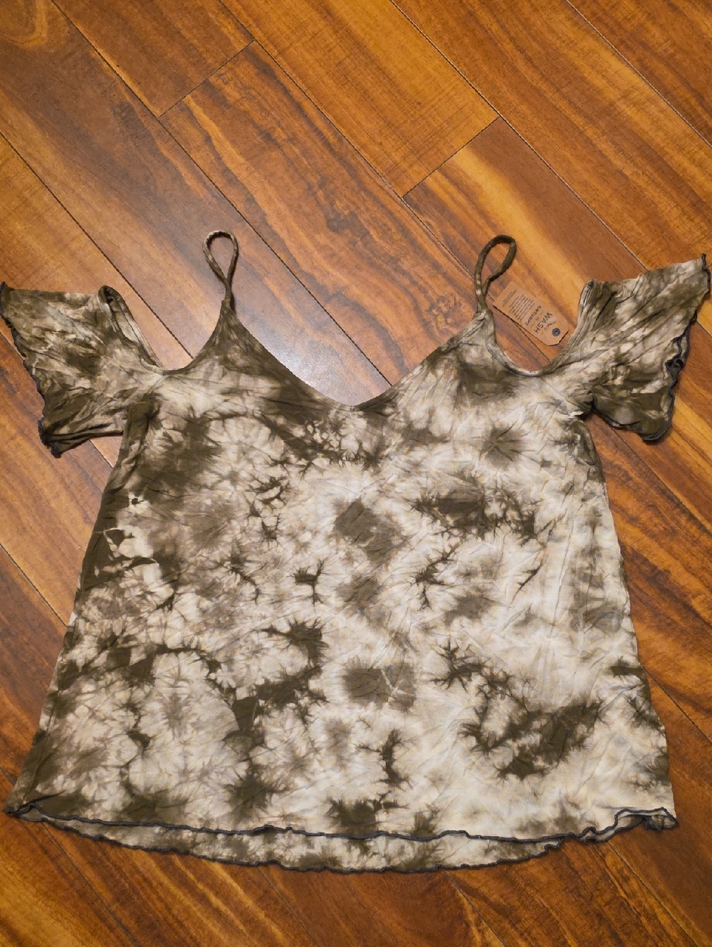 American Eagle Outfitters Olive and Cream Tie-Dye Cold-Shoulder Top